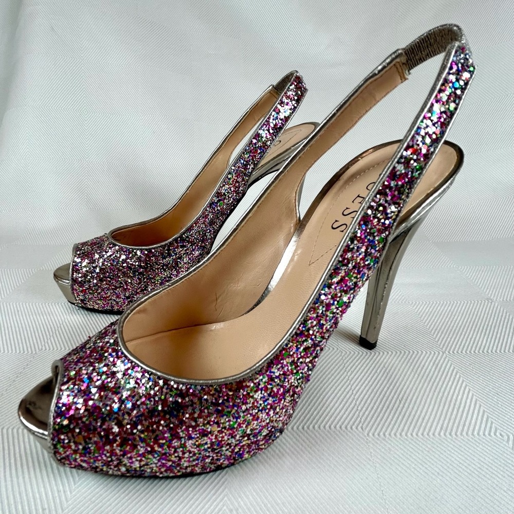 GUESS Rainbow GLITTER HIGH HEEL Peekaboo Toe Sling Back SHOES W 7- Sparkly Prom